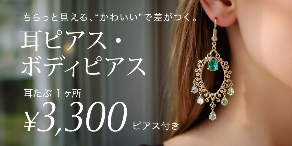 耳ピアス・ボディピアス 耳たぶ1ヶ所 3,300円　ピアス付き